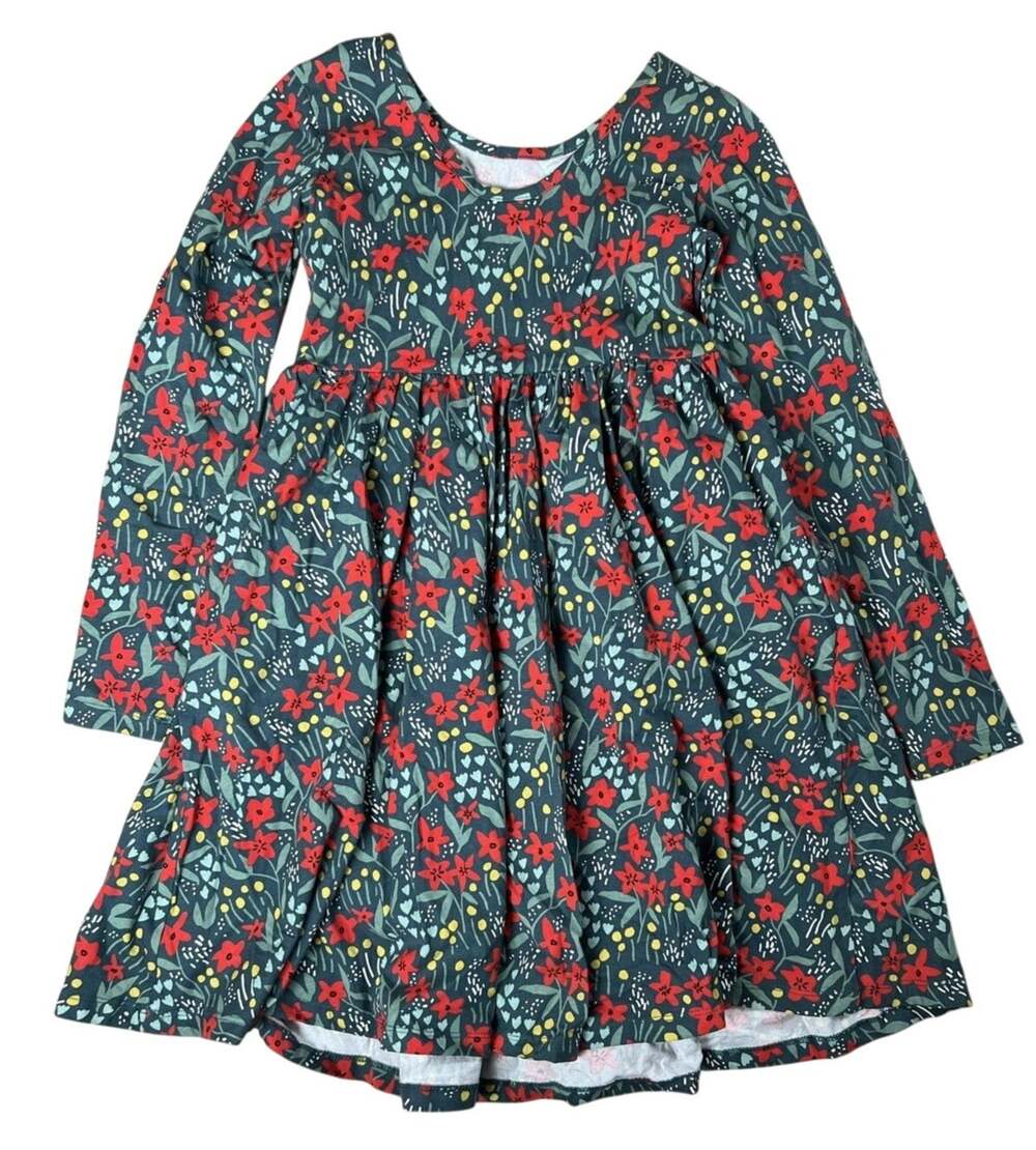 Hanna Andersson Dress Girls 10 Green Floral Fit & Flare Long Sleeve Jersey